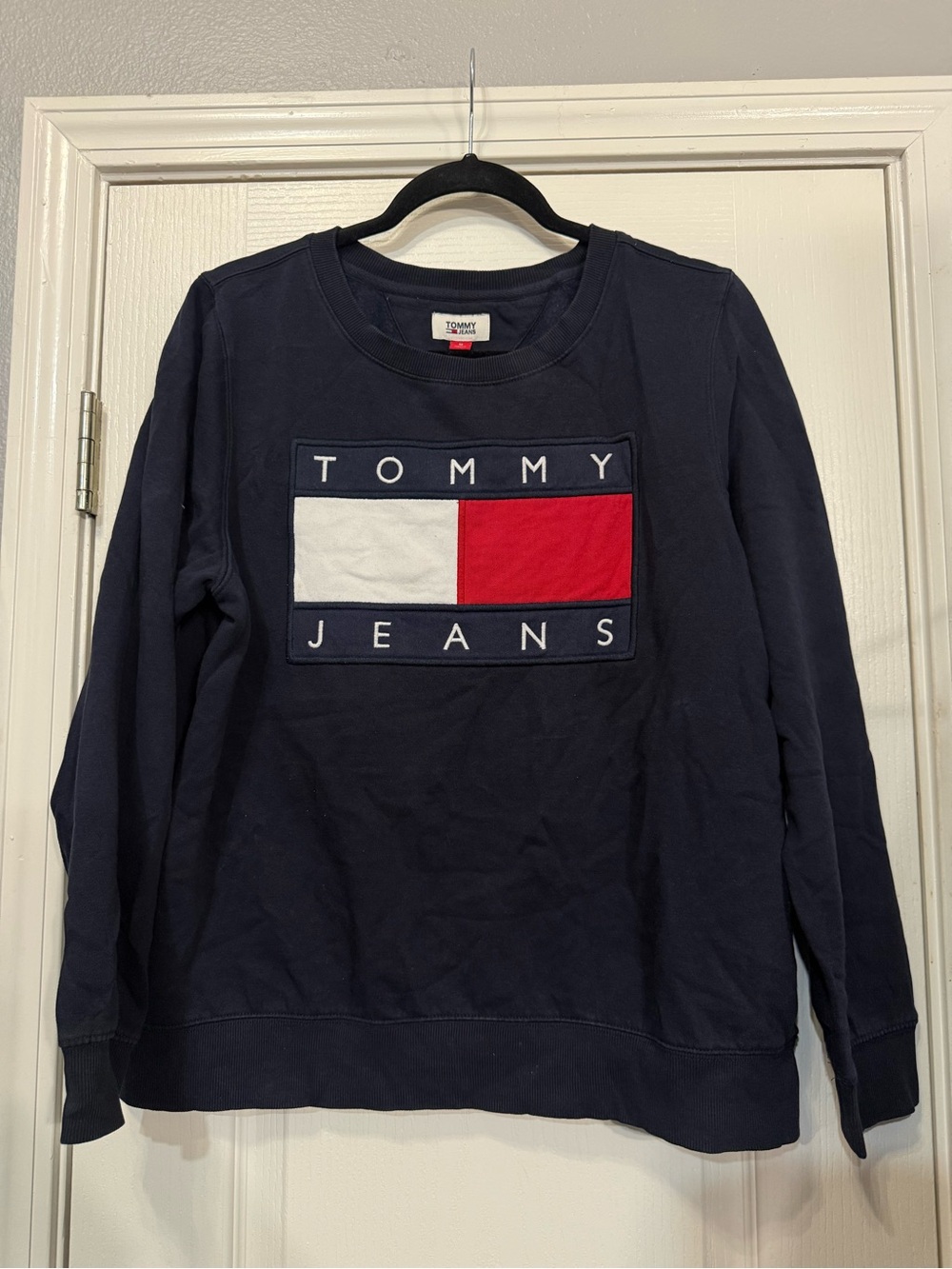 Tommy Hilfiger Navy Crewneck with Red and White Logo Patch